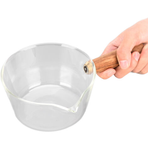 Casserole à lait en verre avec bec verseur en V et manche en bois, 400ml, ustensile de cuisine (1/5)
