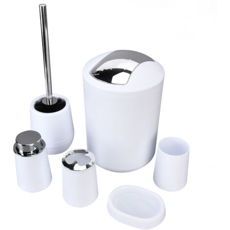6 Pièces Accessoires Salle de Bain en Acier Inoxydable - Porte-Brosse à Dents et Poubelle Élégants Blanc (1/5)