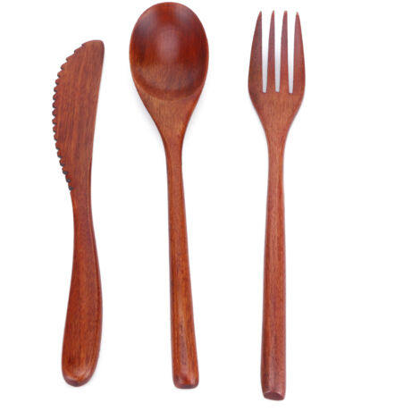 Ensemble de couverts en bois portable - Cuillère, fourchette, couteau - Sac inclus (1/5)