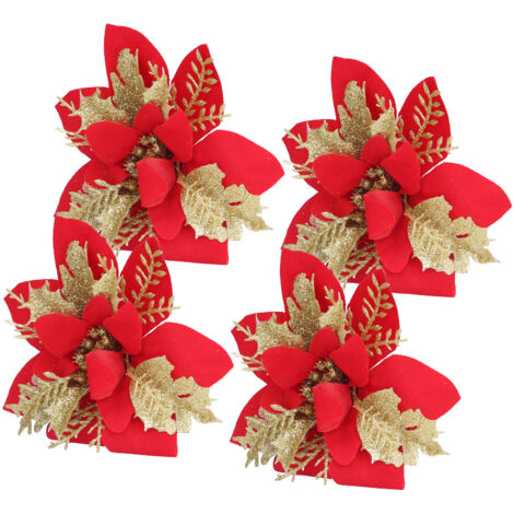 4 pièces Fleurs Artificielles pour Sapin de Noël Poinsettia Rouge et Doré à Paillettes avec Poudre Dorée (1/5)