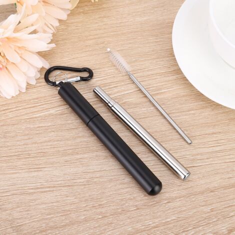 Paille réutilisable en acier inoxydable télescopique portable avec brosse de nettoyage pour café, lait, thé - Noir (1/5)
