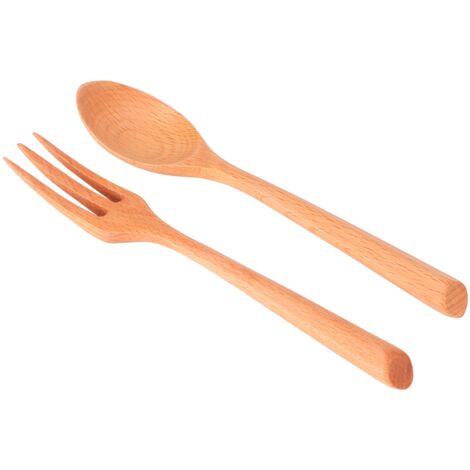 Ensemble de 2 Fourchettes et Cuillères en Bois de Hêtre Résistantes à la Chaleur pour Cuisine Maison Restaurant Bureau (1/5)