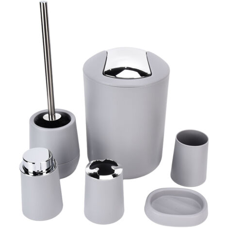 6 Pièces Accessoires Salle de Bain Porte-Brosse à Dents Poubelle Électrodoré Gris (1/5)