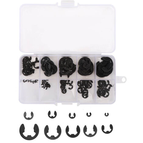 Kit de 120 Circlips EClip Snap en Acier au Manganèse Noir, Anneaux de Retenue Ouverts, Taille 1.5-10mm, Boîté (1/5)