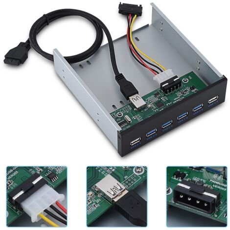 Panneau avant métallique USB Hub 6 ports : 4 USB 3.0 + 2 USB 2.0, adaptateur 19 broches (1/5)