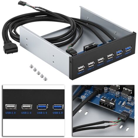 Panneau avant métallique USB Hub 6 ports : 2 USB 3.0 + 4 USB 2.0, adaptateur 19 broches (1/5)