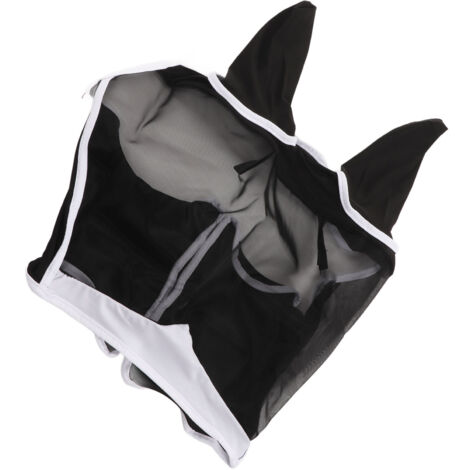 Masque anti-mouches pour chevaux en mesh respirant, protection UV, élastique avec oreilles détachables - Noir L (1/5)