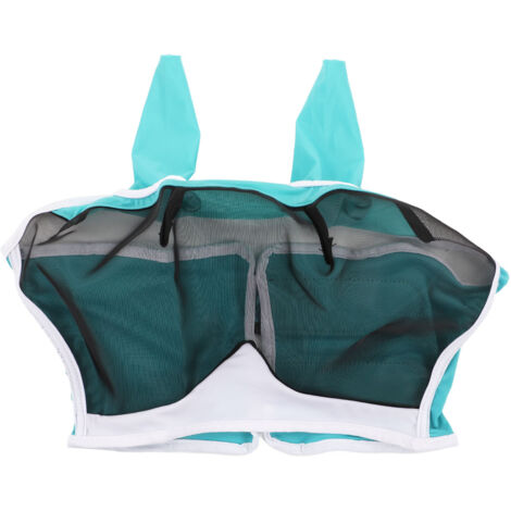 Masque Anti-Mouches pour Cheval Respirant avec Oreilles, Protection UV et Élastique Détachable Bleu Vert S (1/5)
