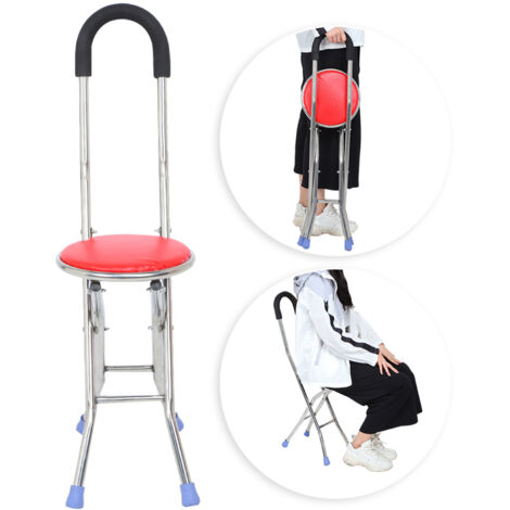 Canne Siège Pliable en Acier Inoxydable avec Quatre Pieds - Bâton de Marche et Chaise