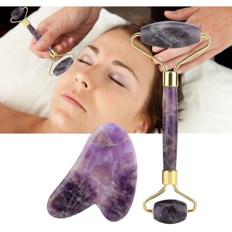 Rouleau en Jade et Gua Sha en Améthyste Naturelle pour Massage du Visage (1/5)