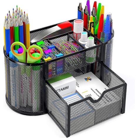 Organiseur de bureau, range-bureau en maille avec porte-stylo, 8 compartiments et 1 tiroir, organiseur de fournitures de bureau, maison, bureau, école, salle de classe, atelier-- (1/5)