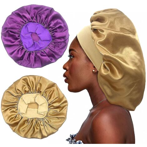Lot de 2 grands bonnets en satin, bonnets en soie pour dormir, bonnets de nuit avec élastique doux (violet, doré) (1/5)