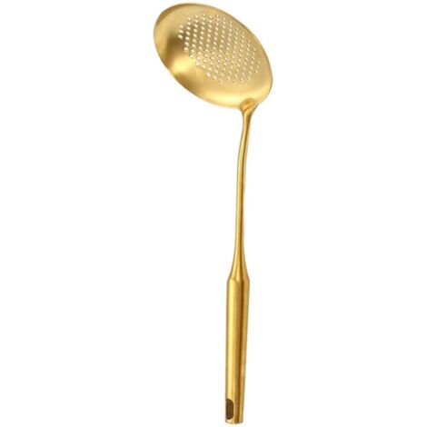 Ensemble de 6 ustensiles de cuisine en acier inoxydable doré : louche, spatule, passoire. Design moderne et antirouille. (1/5)