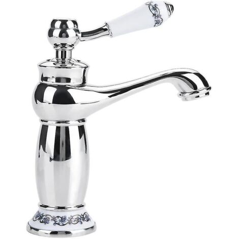 Robinet de lavabo rétro à poignée unique en laiton et céramique, en porcelaine bleue et blanche, col long, motif floral vintage avec arrivée d'eau chaude/froide, pour cuisine. (1/5)
