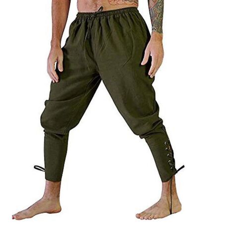 Pantalon à lacets et élastiques à la cheville pour homme, style médiéval viking/pirate, taille XL, vert armée (1/3)