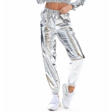 Pantalon streetwear holographique pour femme, style club, brillant et décontracté - XL - Argent (1/5)