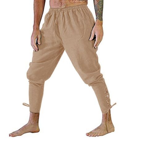 Pantalon à lacets élastiques à la cheville pour homme, style médiéval viking, pirate - Taille 4XL - Kaki (1/3)