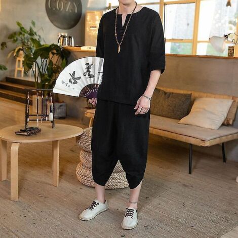 Costume d'été léger en lin pour homme, coupe ample, style chinois, grande taille, coton et lin, 2 pièces / Pantalon à manches courtes, ensemble 2 pièces Sci886-5XL-Noir (1/5)