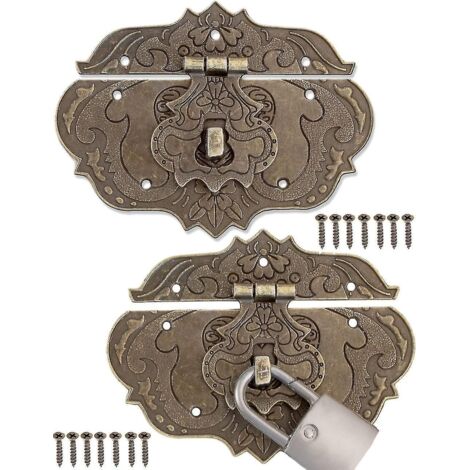 Lot de 2 fermoirs en fer forgé style bronze antique pour meubles, ferrures pour rideaux, serrures de coffres, boîtes coulissantes, 95 x 73 mm avec vis. (1/5)