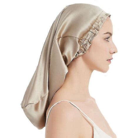 Bonnet de nuit 100% soie de mûrier pour cheveux longs, bonnet de nuit long en soie (apircot) (1/3)