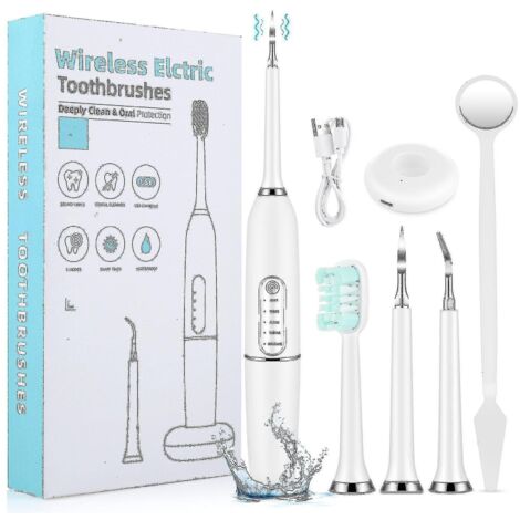 Kit de nettoyage dentaire professionnel à ultrasons pour détartrer, utilisable à domicile, rechargeable par USB, avec 2 têtes et 5 modes pour le nettoyage et le blanchiment des dents.