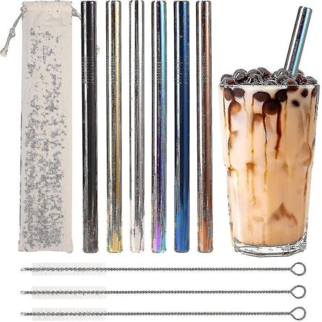 Lot de 6 pailles à bubble tea en acier inoxydable, colorées, de 12 mm de diamètre, pour perles de tapioca, avec 3 goupillons et 1 sac de transport. (1/4)