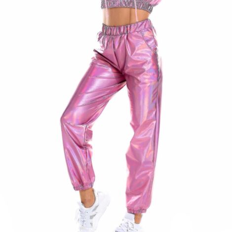 Pantalon streetwear holographique pour femme, style club, brillant et décontracté - Taille L, rose (1/5)
