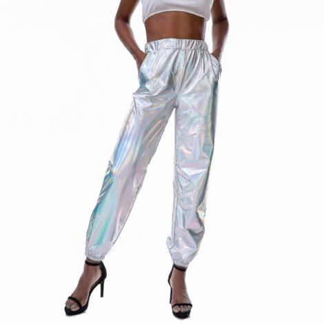 Pantalon streetwear holographique pour femme, style club, brillant et décontracté - XXL - Blanc (1/5)