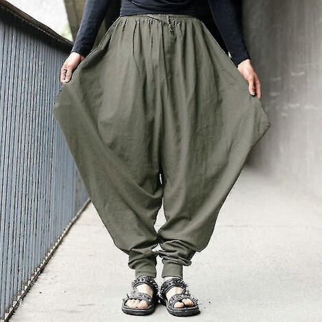Pantalon hakama ample et confortable pour homme, style hippie, taille élastique avec cordon de serrage - S - Vert armée (1/3)