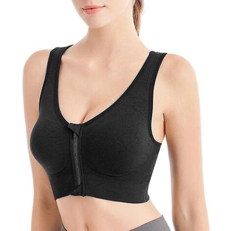 Soutien-gorge de sport respirant à fermeture éclair sur le devant, sans armatures et antichoc, idéal pour la course, le yoga et autres activités pour femmes - XL - Noir (1/3)