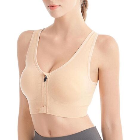 Soutien-gorge de sport respirant à fermeture éclair sur le devant, sans armatures et antichoc, idéal pour la course, le yoga et autres activités pour femmes - XL - Couleur chair (1/5)