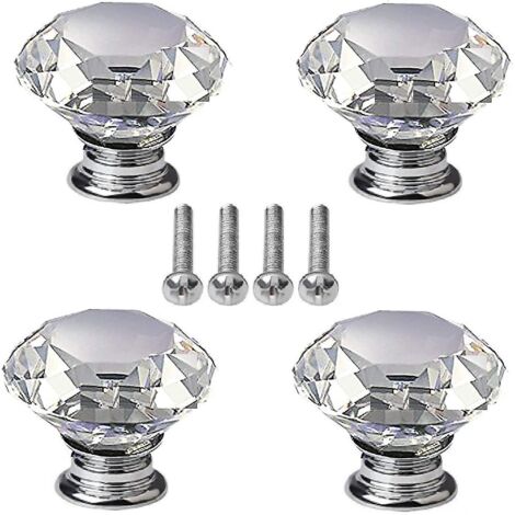 Ensemble de 4 boutons en cristal Xceedez, poignées de porte de tiroir/armoire en cristal de 40 mm en forme de diamant avec vis pour la maison, la cuisine, le bureau et la commode. (1/3)
