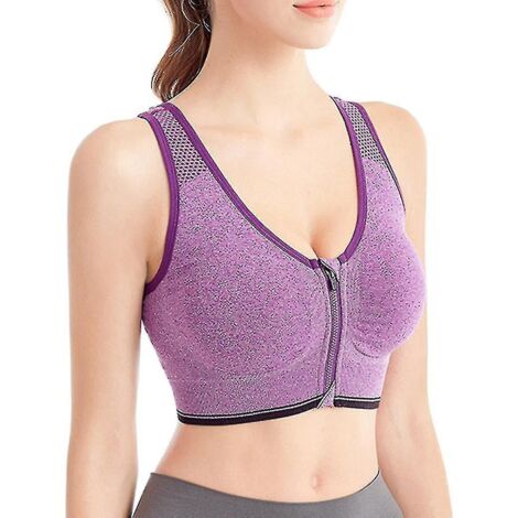 Soutien-gorge de sport respirant à fermeture éclair sur le devant, sans armatures, antichoc, pour la course, le yoga et autres activités pour femmes - Taille L - Violet (1/5)