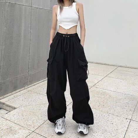 Pantalon cargo streetwear femme, style vintage décontracté, jambes larges, coupe droite, pantalon de jogging, grandes poches, salopette oversize - XL - Noir (1/4)