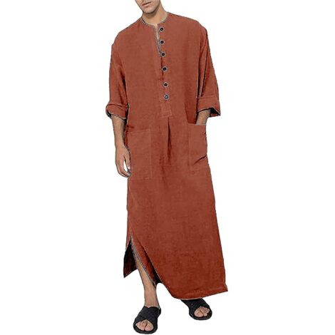 Caftan homme à col en V et manches longues, thobe long boutonné homme, en coton fendu sur les côtés avec poches - XL - Marron (1/3)