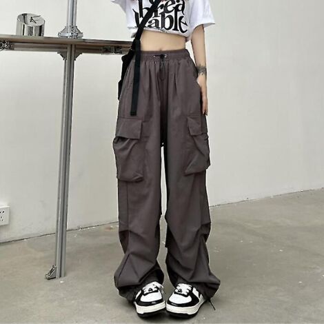 Pantalon cargo streetwear femme, style vintage décontracté, jambes larges, coupe droite, style jogging, grandes poches, salopette oversize - XXL - Gris foncé (1/4)