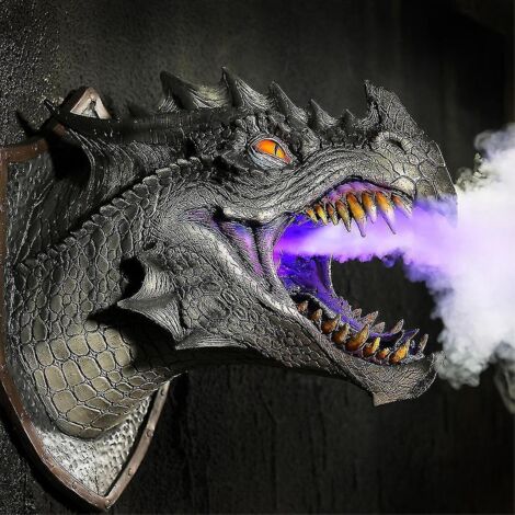 Tête de dinosaure jurassique en latex expansé, décoration murale lumineuse LED réaliste pour Halloween - Sans lumière ni peinture - Noir (1/5)