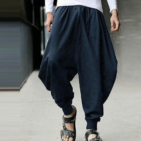 Pantalon hakama ample et confortable pour homme, style hippie, taille élastique avec cordon de serrage - Taille L - Bleu marine (1/3)
