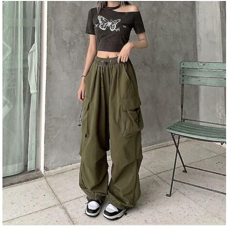 Pantalon cargo streetwear femme, style vintage décontracté, jambes larges, coupe droite, pantalon de jogging, grandes poches, salopette oversize - XL - Vert (1/4)