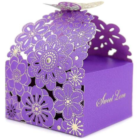 Lot de 50 boîtes à bonbons/biscuits/cadeaux ajourées en forme de papillon et de fleur, jolies boîtes à chocolats pour fêtes d'anniversaire (violet, S) (1/5)