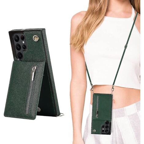 Étui portefeuille en cuir pour Samsung Galaxy S23 Ultra/S23+/S23 avec dragonne, support et fermeture éclair - pour S23 Plus - Vert (1/5)