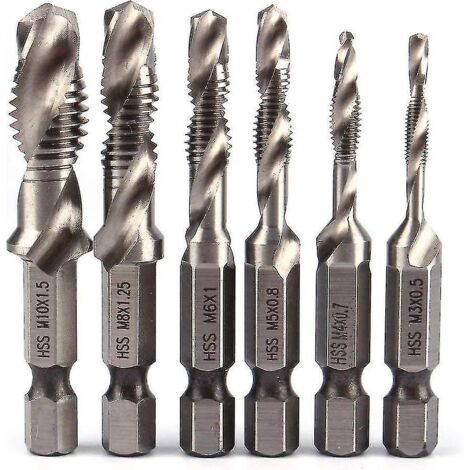 Jeu de forets HSS à queue hexagonale 1/4", foret combiné M3-M10, filetage métrique, pour bois, fer, aluminium, argent, 6 pièces (1/5)