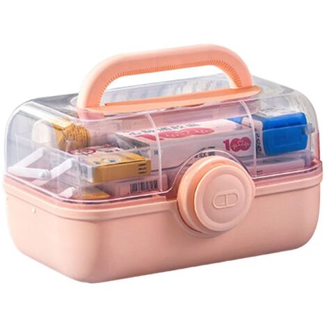 Boîte à pharmacie à 3 compartiments pour la maison, grande capacité, portable, avec poignée - Rose, taille moyenne (1/5)