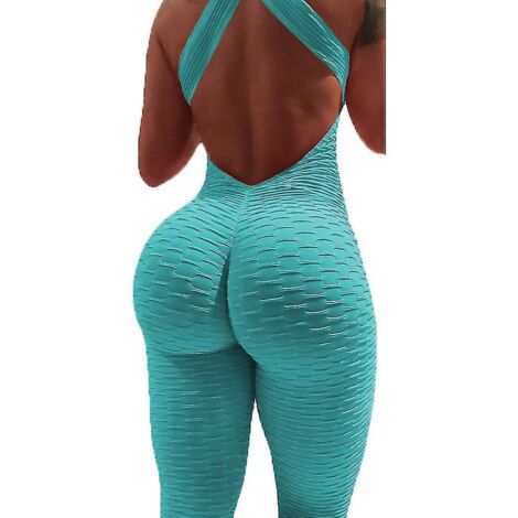 Combinaison de yoga pour femme, effet push-up fessier croisé, idéale pour le yoga, le fitness et la salle de sport. Taille haute, effet ventre plat et push-up. Bleu ciel. (1/4)