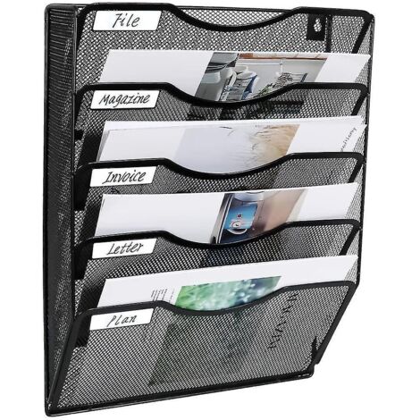 Porte-documents mural en maille à 5 poches, porte-revues suspendu, bac de tri du courrier Étiquette nominative incluse, noir (1/4)