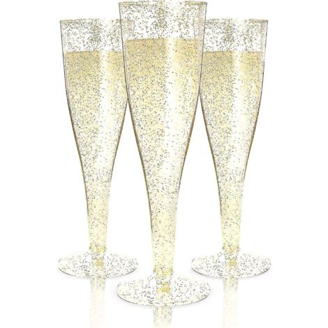 24 flûtes à champagne jetables en plastique Verres en plastique doré à paillettes pour fêtes Gobelets transparents à paillettes Verres à toast en plastique -- (1/4)