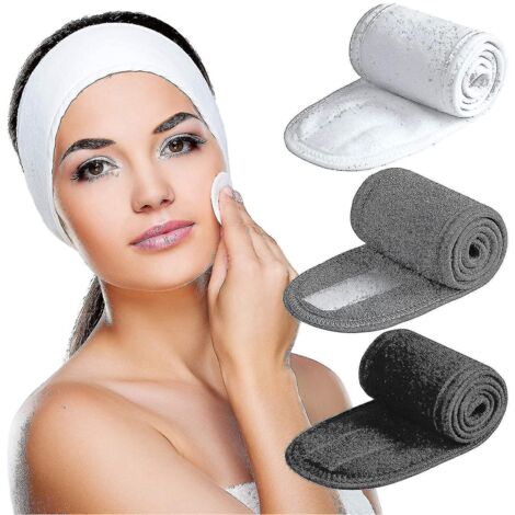 Bandeau de spa, lot de 3, ultra doux et ajustable, en tissu éponge extensible, pour le lavage du visage, la douche, les masques faciaux et le yoga (noir + blanc) (1/4)