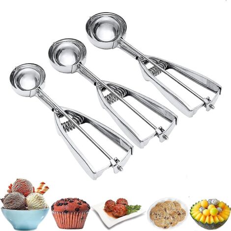Ensemble de 3 cuillères à biscuits en acier inoxydable avec déclencheur, grandes/moyennes/petites, pour la cuisson des biscuits. (1/5)