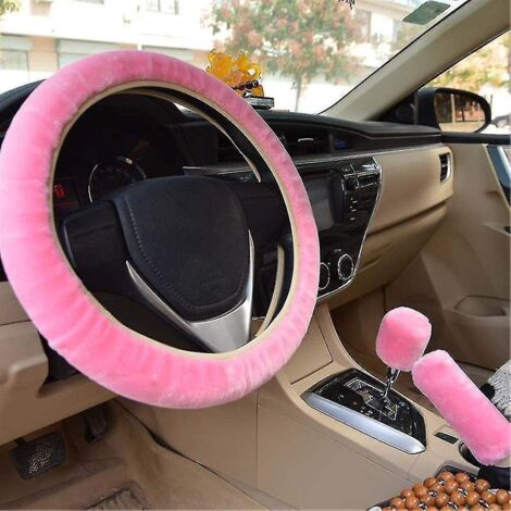 Ensemble de 3 housses chaudes en peluche pour l'hiver : volant, frein à main et levier de vitesse, accessoires auto, rose. (1/5)