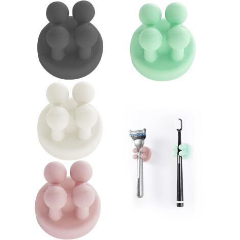 Lot de 4 supports de brosse à dents et de rasoir en silicone, crochet multifonction étanche et auto-adhésif -- (1/5)